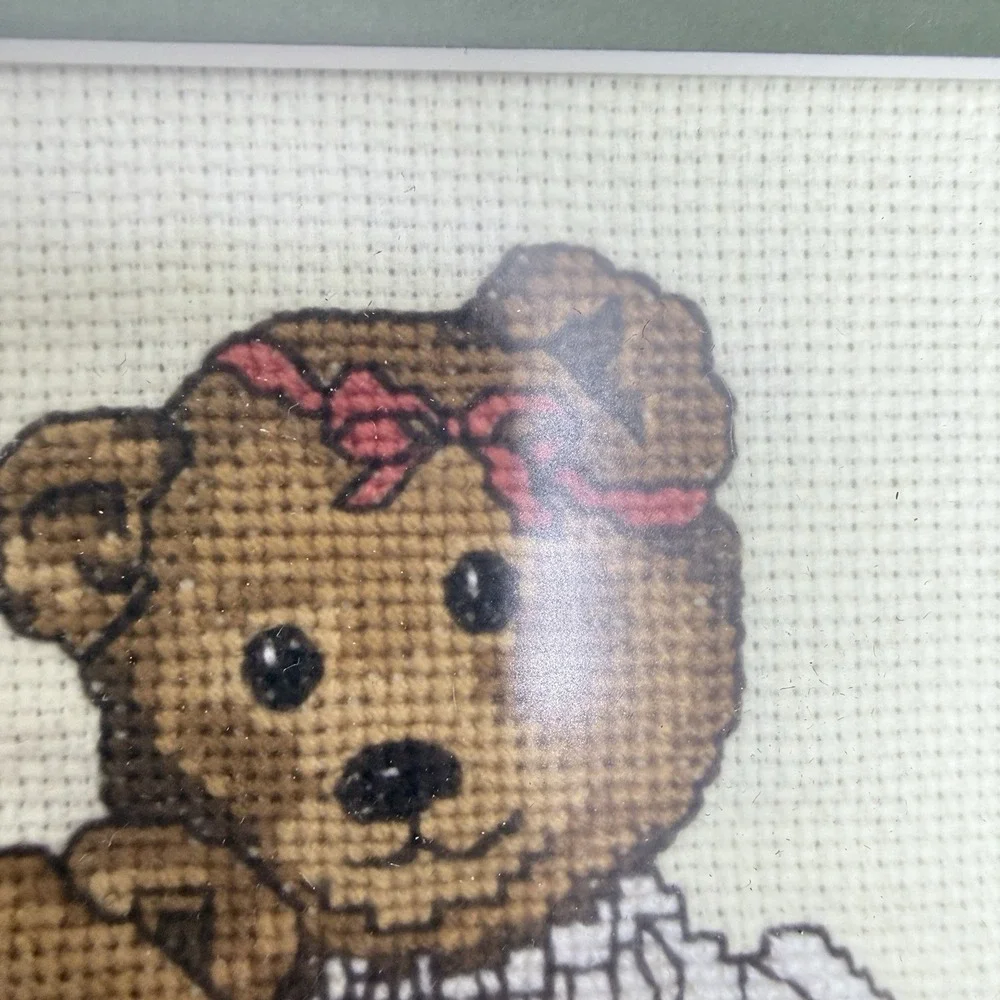 1980's Cute Teddy Bear Cross Stitch Embroidery Framed 11x14 Grandmacore Wall Art